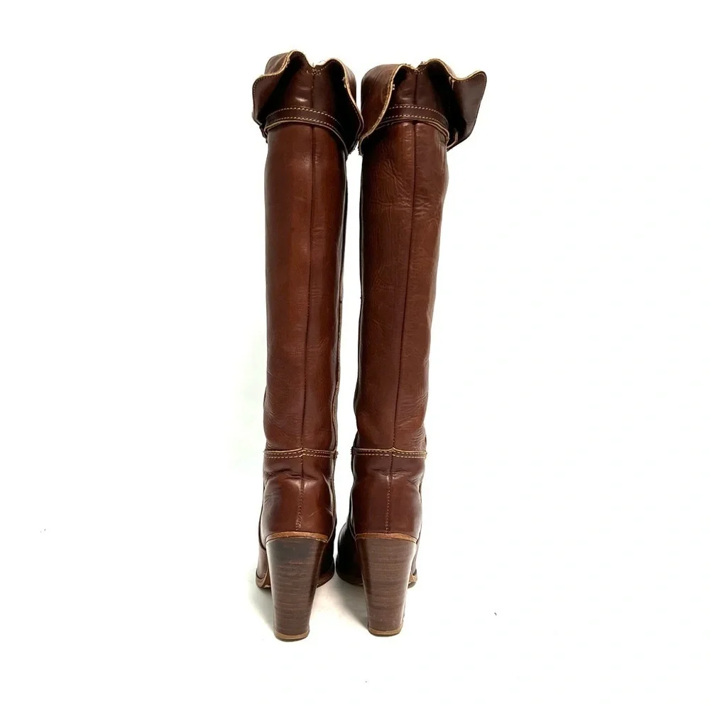 ZODIAC | Vintage 1970s brown leather over the knee logo fabric heeled boots